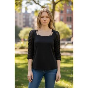 Adele & May Black Chain Shoulder Sheer‎ Ruched Sleeve Knit Top Size M